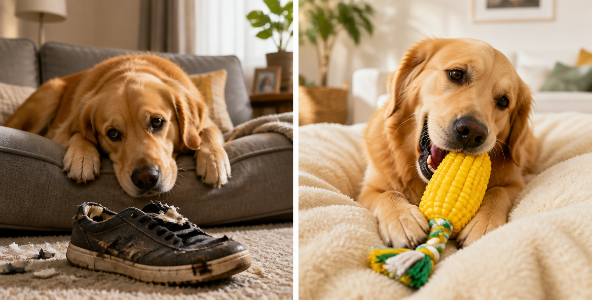 Before and after: bored dog with chewed shoe versus happy dog chewing the CobCalm toy